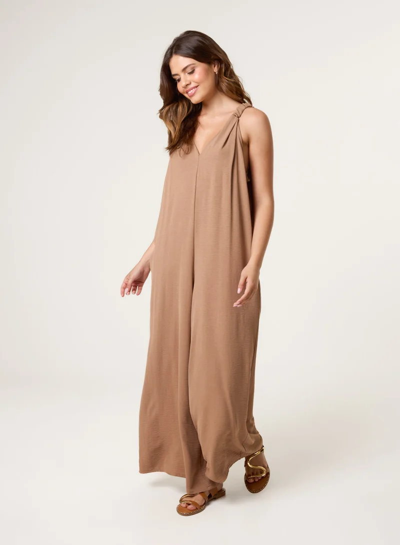 Blue Vanilla  Wide Leg Side Pocket Double V Jumpsuit for Women | Best Price UAE